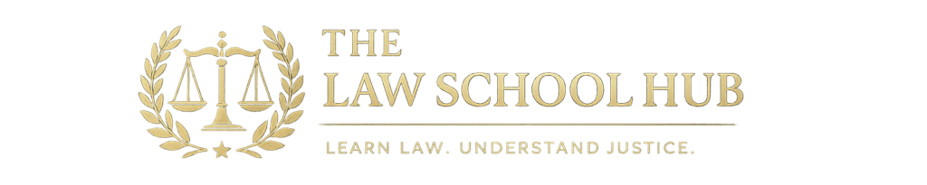 Gold scales of justice enclosed within a laurel wreath beside the text “The Law School Hub” and the tagline “Learn Law. Understand Justice.” on a professional grey background.