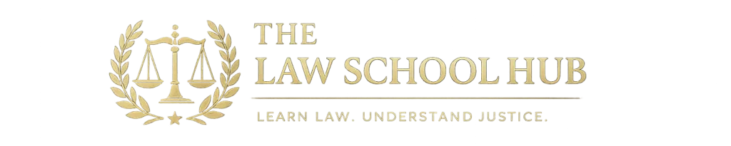 Gold scales of justice enclosed within a laurel wreath beside the text “The Law School Hub” and the tagline “Learn Law. Understand Justice.” on a professional grey background.
