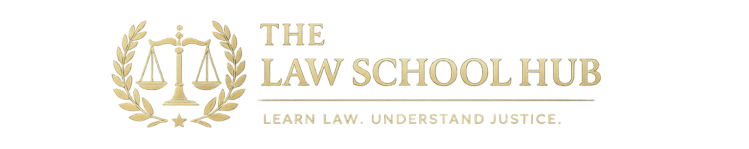 Gold scales of justice enclosed within a laurel wreath beside the text “The Law School Hub” and the tagline “Learn Law. Understand Justice.” on a professional grey background.