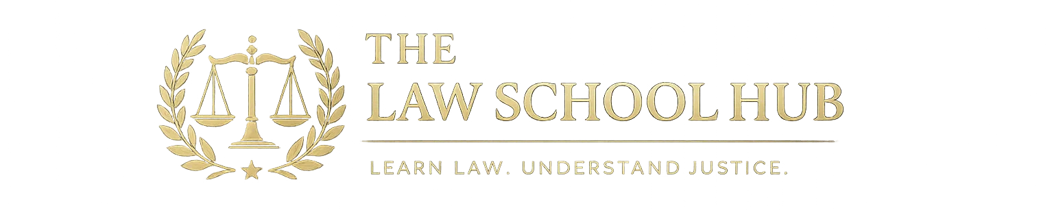 Gold scales of justice enclosed within a laurel wreath beside the text “The Law School Hub” and the tagline “Learn Law. Understand Justice.” on a professional grey background.