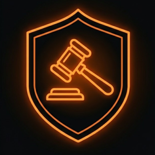 A glowing orange neon outline of a judge's gavel and sound block enclosed within a protective shield icon against a solid black background.