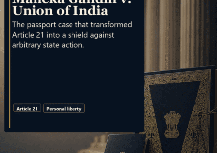 Cover slide with an Indian passport, Constitution of India, and Supreme Court-style pillars in a navy and gold legal setting. Text introduces Maneka Gandhi v. Union of India as the passport case that transformed Article 21.