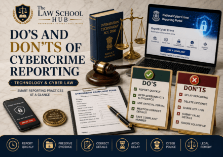 Do's and don'ts of cybercrime reporting cover image showing green checklist, red warning list, cybercrime complaint form, Information Technology Act 2000, reporting portal, and cyber fraud alert phone.