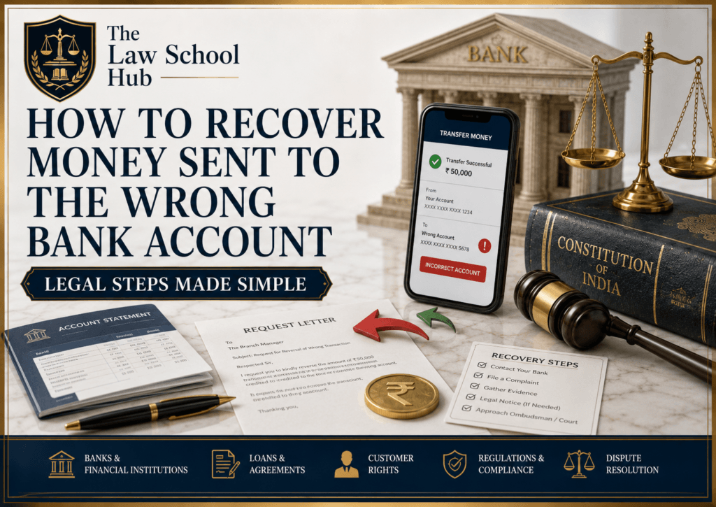 Sent Money to the Wrong Bank Account in India? Act Fast and Recover Every Rupee With These Proven Legal Steps 1 Wrong bank account transfer recovery cover showing mobile transfer screen, incorrect account alert, request letter, recovery checklist, bank documents, rupee coin, gavel, and scales.
