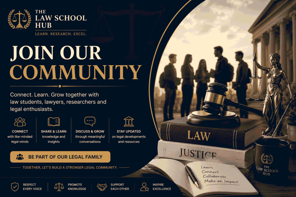 Join Our Community 1 Promotional banner for The Law School Hub community featuring law students networking, a judgeβs gavel, Lady Justice statue, law books, and messaging encouraging legal professionals and students to connect, learn, and grow together.