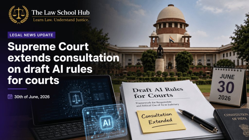 Supreme Court Takes Crucial Step: Extends Consultation Deadline on Draft AI Rules for Courts 1 Blog cover showing Supreme Court of India, draft AI rules for courts document, AI technology interface, June 30, 2026 calendar, and The Law School Hub logo.