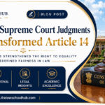 Professional legal blog banner featuring the Supreme Court of India, a judge's gavel, the Constitution of India, and Article 14 symbolism, highlighting recent Supreme Court rulings that reshaped the right to equality.