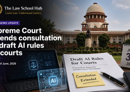 Blog cover showing Supreme Court of India, draft AI rules for courts document, AI technology interface, June 30, 2026 calendar, and The Law School Hub logo.
