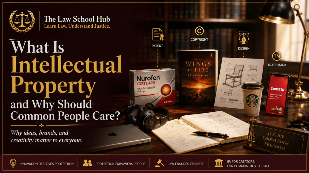 The Definitive Guide to Intellectual Property Rights: Why Every Common Person Must Deeply Care 1 Blog cover showing copyright, patent, design, and trademark examples with books, product packaging, sketches, mobile app, headphones, and The Law School Hub logo.