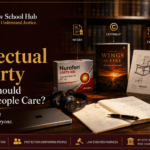 Blog cover showing copyright, patent, design, and trademark examples with books, product packaging, sketches, mobile app, headphones, and The Law School Hub logo.