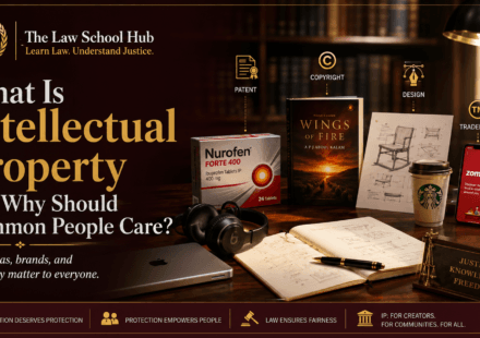 Blog cover showing copyright, patent, design, and trademark examples with books, product packaging, sketches, mobile app, headphones, and The Law School Hub logo.