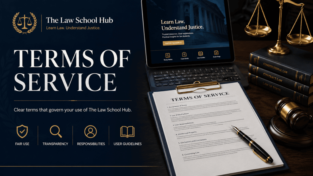 Terms of Service 1 Terms of Service cover image for The Law School Hub showing legal document, laptop, law books, justice scales, gavel, user guidelines, and official logo.