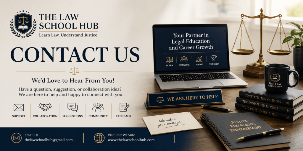 Contact Us cover image for The Law School Hub showing contact details, laptop, law books, justice scales, support icons, and official logo.