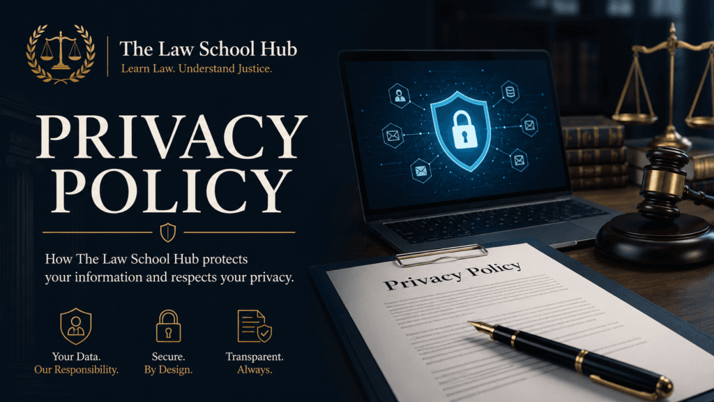 Privacy Policy 1 Privacy Policy cover image for The Law School Hub showing a secure laptop, lock shield, legal document, gavel, law books, gold justice scales, and official brand logo.