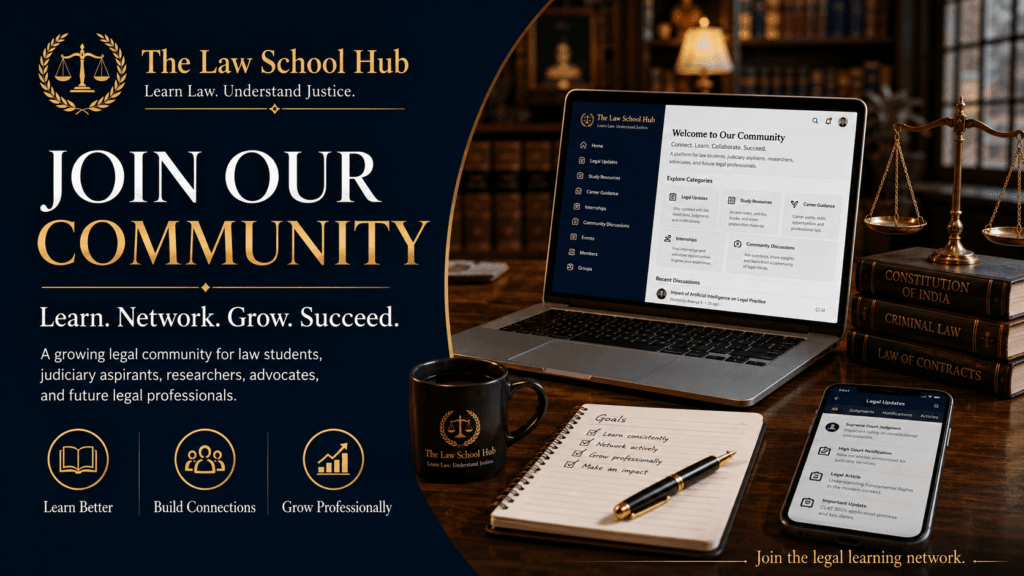 Join Our Community cover image for The Law School Hub showing legal community text, laptop, law books, justice scales, notebook, phone, and logo.