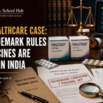 Blog cover showing medicine boxes, trademark dispute documents, gavel, Trade Marks Act book, pharmaceutical law books, and The Law School Hub logo for the Cadila Healthcare case.