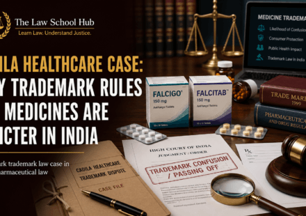 Blog cover showing medicine boxes, trademark dispute documents, gavel, Trade Marks Act book, pharmaceutical law books, and The Law School Hub logo for the Cadila Healthcare case.