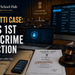 Blog cover showing cybercrime evidence screens, courtroom setting, judgment order, gavel, Information Technology Act book, and The Law School Hub logo for the Suhas Katti case.