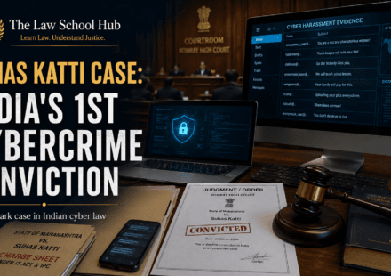 Blog cover showing cybercrime evidence screens, courtroom setting, judgment order, gavel, Information Technology Act book, and The Law School Hub logo for the Suhas Katti case.