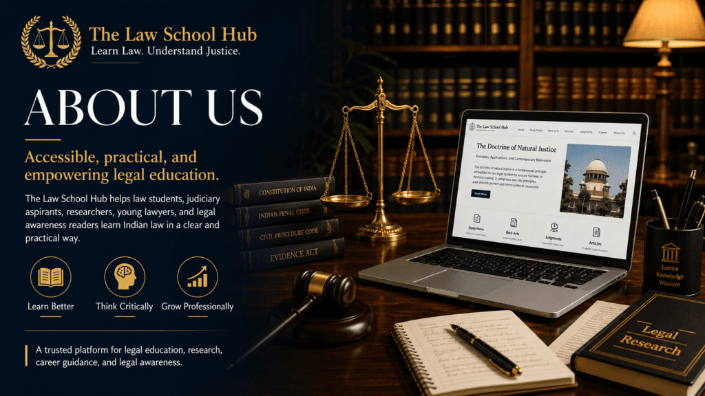 About Us 1 About Us cover image for The Law School Hub showing legal education text, law books, laptop, justice scales, gavel, notebook, and official logo.