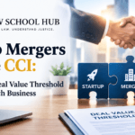 Startup merger and CCI compliance concept showing business partners, merger puzzle pieces, Competition Commission of India, and a deal value threshold document