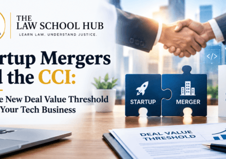 Startup merger and CCI compliance concept showing business partners, merger puzzle pieces, Competition Commission of India, and a deal value threshold document