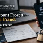 Bank account frozen for cyber fraud with a smartphone alert, padlock, bank statement, and legal branding