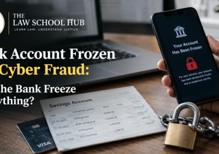 Bank account frozen for cyber fraud with a smartphone alert, padlock, bank statement, and legal branding