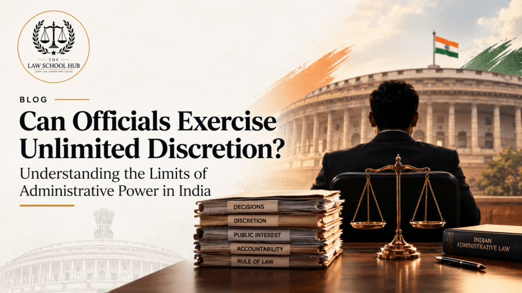 Can Officials Exercise Unlimited Discretion? Understanding the Limits of Administrative Power in India 1 Can officials exercise unlimited discretion? Understanding the limits of administrative power in India, featuring The Law School Hub logo and Indian legal administration theme.