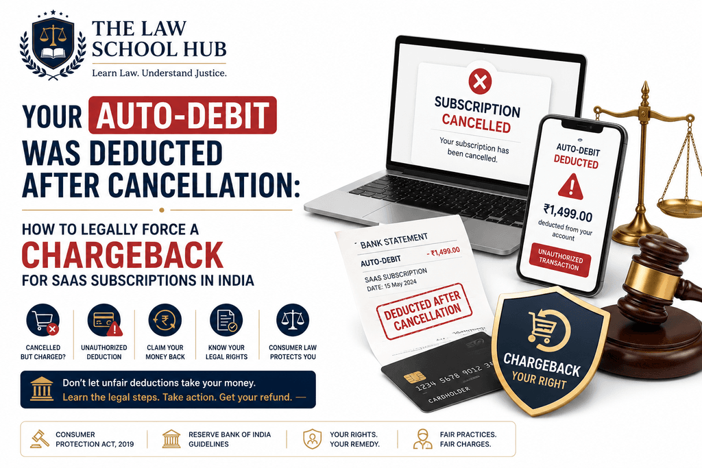 Blog cover showing a cancelled SaaS subscription, auto-debit deduction, bank statement, chargeback shield, payment card, gavel, justice scales, and The Law School Hub logo.