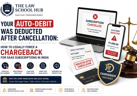 Blog cover showing a cancelled SaaS subscription, auto-debit deduction, bank statement, chargeback shield, payment card, gavel, justice scales, and The Law School Hub logo.