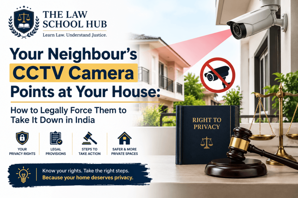 Your Neighbour's CCTV Camera Points at Your House: How to Legally Force Them to Take It Down in India 1 Blog cover showing a neighbour’s CCTV camera aimed toward a house, privacy warning symbol, gavel, justice scales, and The Law School Hub logo.