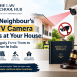 Blog cover showing a neighbour’s CCTV camera aimed toward a house, privacy warning symbol, gavel, justice scales, and The Law School Hub logo.