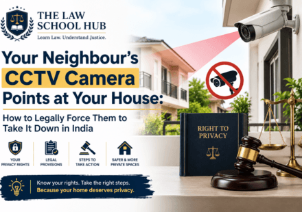 Blog cover showing a neighbour’s CCTV camera aimed toward a house, privacy warning symbol, gavel, justice scales, and The Law School Hub logo.