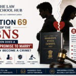 Section 69 of the BNS cover showing Bharatiya Nyaya Sanhita 2023, broken heart, courtroom scales, gavel, legal documents, and The Law School Hub logo.